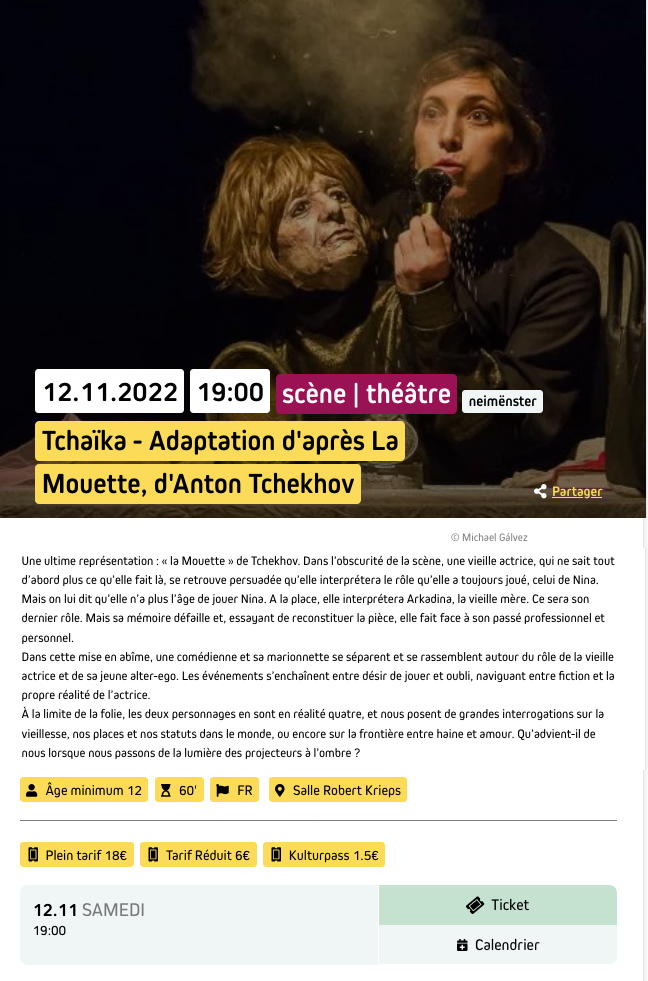 Page Internet. Neimënster. Scène théâtre. Adaptation d'après La Mouette, d|Anton Tchekov. 2022-11-12